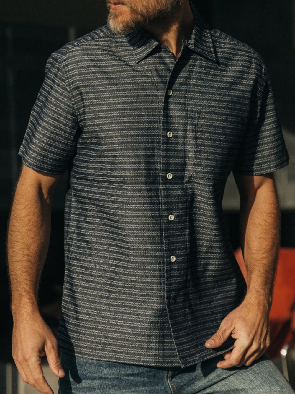 Taylor Stitch Short Sleeve Hawthorne in Navy Dobby Medium